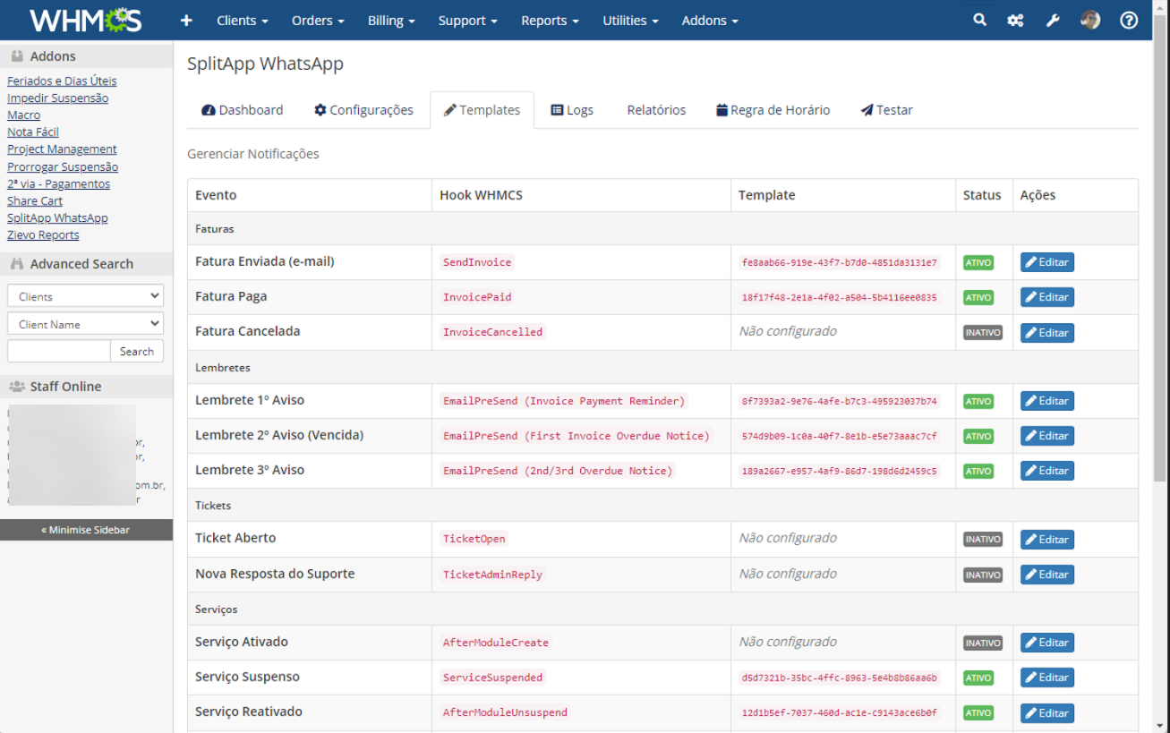 Gerenciamento de templates e notificações WHMCS